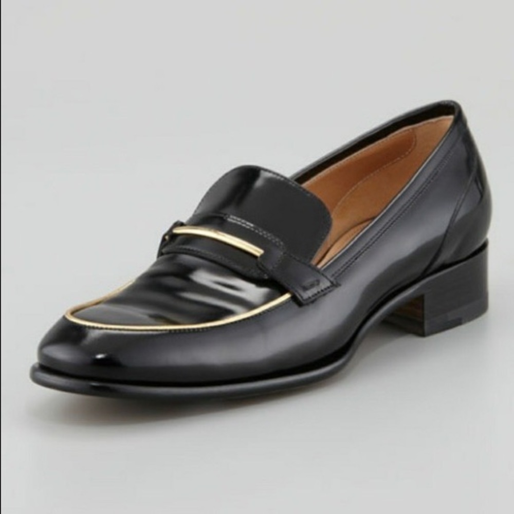 Salvatore Ferragamo black and gold leather loafers sz 8B - Picture 1 of 6
